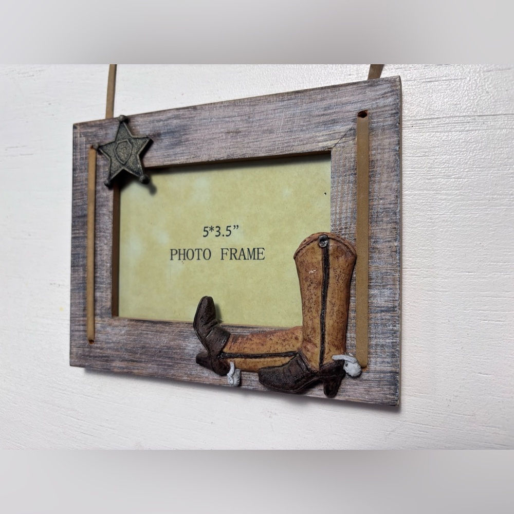 Vintage 1990s Western Picture Frame – Saddle, Cactus, Badge & Boots – 3 Photos